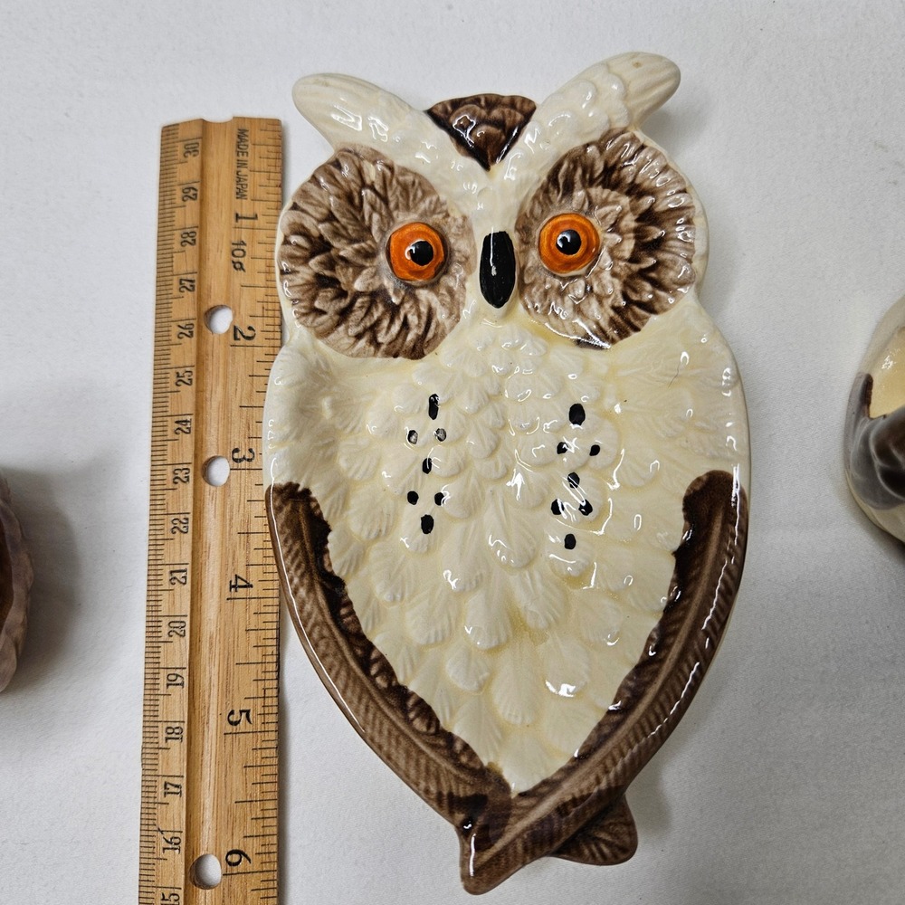 Vtg Ceramic Owl Set Japan Napkin Holder Spoon Rest Toothpick Holder‎ Brown Cream - Picture 3 of 10